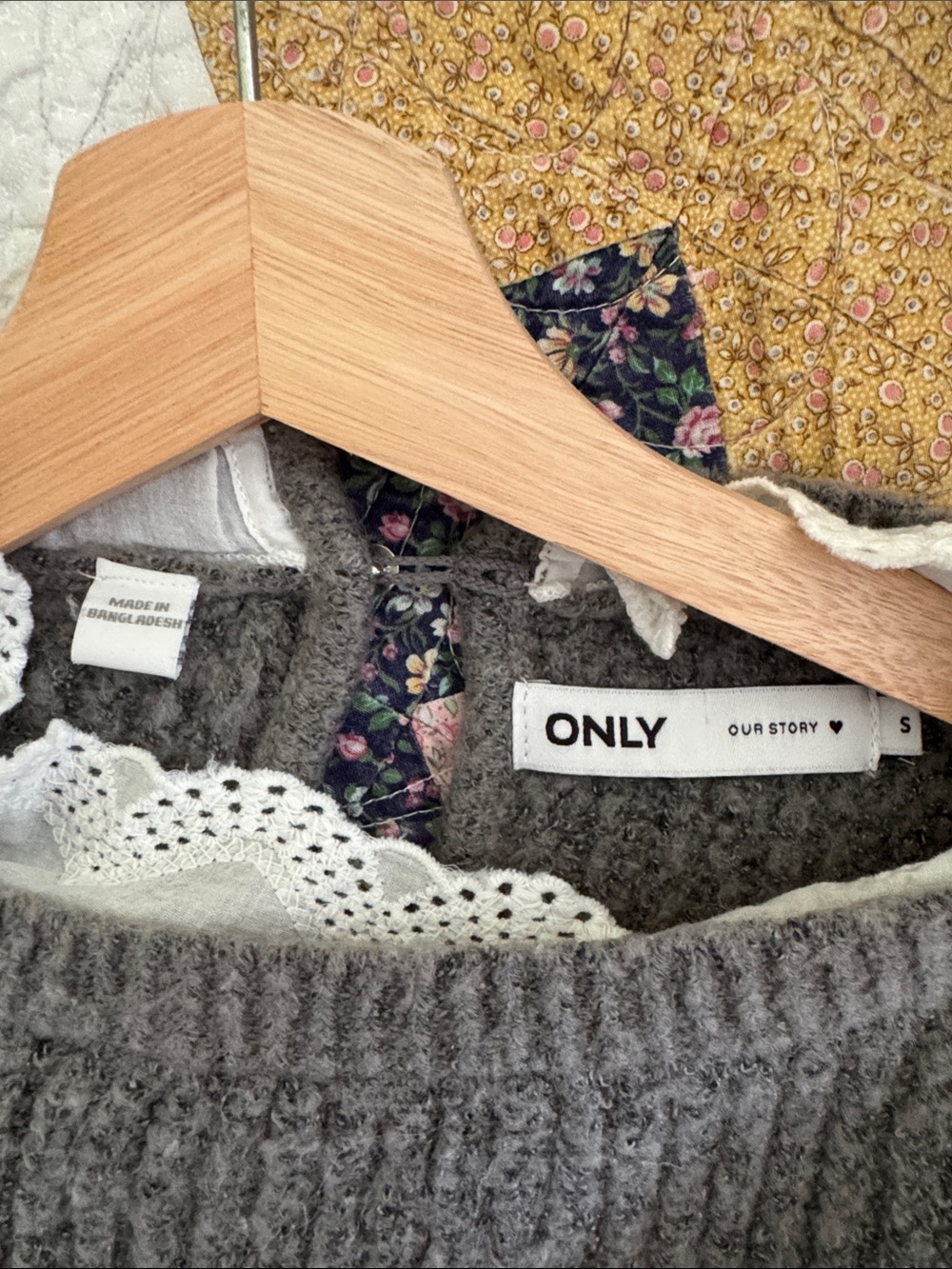 Gray Knit Crewneck Sweater with Lace Trim - Picture 2 of 6